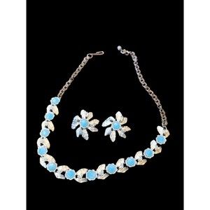 VTG Judy Lee Blue Moonglow & Peacock Rhinestone Set 1950s Nec. 15in Clip-On Ear